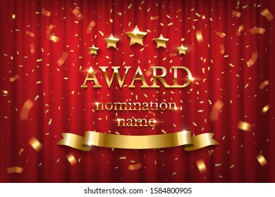 Golden shiny award sign with star and ribbon isolated on red background. Vector illustration