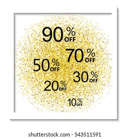Golden shiny background with frame.Large discounts on various products.Background for stores,price tags,banners,posters.A marketing course of sale