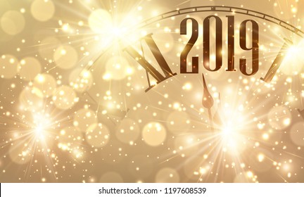 Golden shiny bokeh New Year 2019 poster with clock and lights. Vector background.