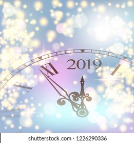 Golden shiny bokeh New Year 2019 luxury premium light template with golden poster with clock and lights. Vector background. 2019  lettering. Happy New Year card design. Vector illustration EPS 10 file