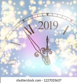 Golden shiny bokeh New Year 2019 luxury premium light template with golden poster with clock and lights. Vector background. 2019  lettering. Happy New Year card design. Vector illustration EPS 10 file