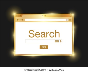 Golden shiny browser window isolated on black background. Search engine. Vector stock illustration
