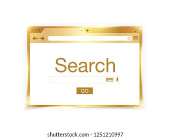 Golden shiny browser window isolated on white. Search engine. Vector stock illustration