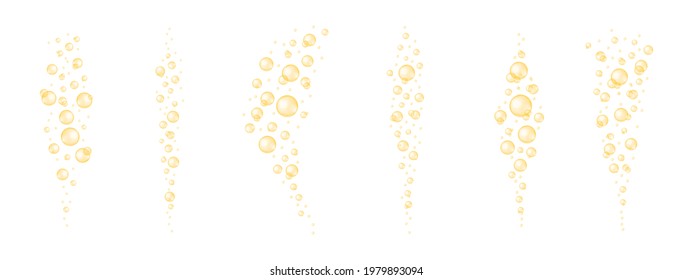Golden shiny bubbles streaming set. Glossy collagen, serum, jojoba cosmetic oil, vitamin A or E, omega fatty acids balls collection. Vector realistic illustration
