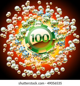 Golden an shiny casino chips. Radial explosion