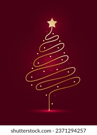 Golden Shiny Christmas Tree. Glowing Symbol of New Year and Christmas. Bright Design for Greeting Card, Poster or Banner.