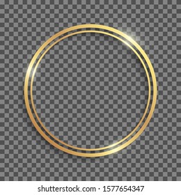 Golden shiny circle double frame with shadows and highlights isolated on a white background.