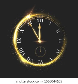 Golden shiny clock vector illustration. Luxury sparkling round dial isolated on black background. Arrow showing five minutes to midnight. Abstract festive clock face design element