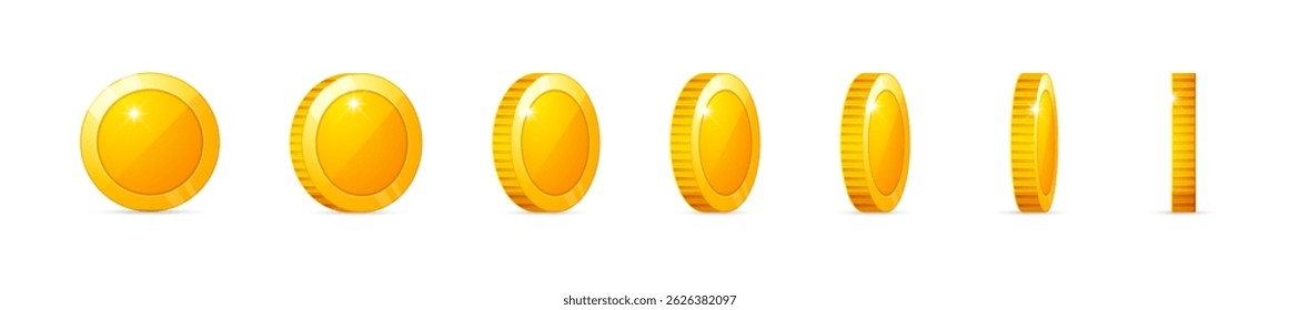 Golden shiny coin rotating positions vector set. Rotated gold coins in shiny style