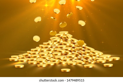 Golden shiny coins. Big bunch of old metal money. Precious expensive treasure. Vector illustration