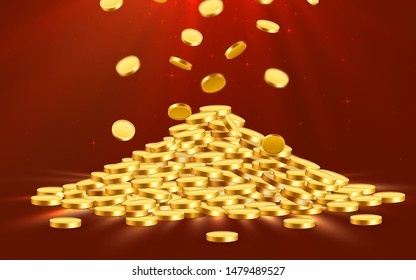 Golden shiny coins. Big bunch of old metal money. Precious expensive treasure. Vector illustration