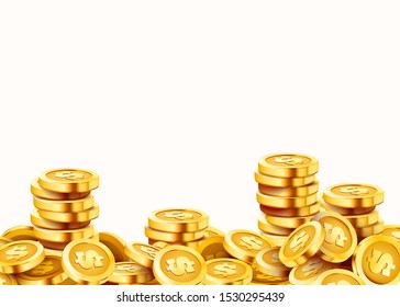 Golden shiny coins. Big bunch of dollars. Rich or casino luck concept. Vector illustration