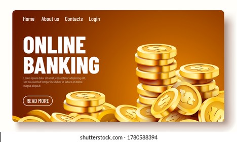 Golden shiny coins. Big bunch of dollars. Online banking landing page template or banner. Vector illustration