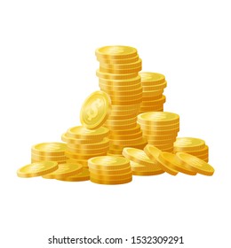 Golden shiny coins pile, stack vector illustration. Gold coin dollar, money cash heap isolated on white. Savings, earnings and revenue. Wealth and prosperity, jackpot or success concept