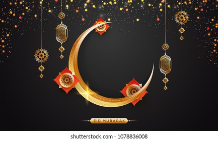 Golden shiny, crescent moon, hanging intricate lanterns and golden sparkle on grey background. Eid Mubarak concept.