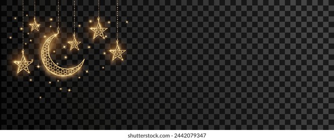 Golden shiny decoration. Night sky, hanging crescent and stars garland. Traditional islamic symbols. Great for muslim holidays, Ramadan or Al-Adha. Transparent background can be removed in vector file