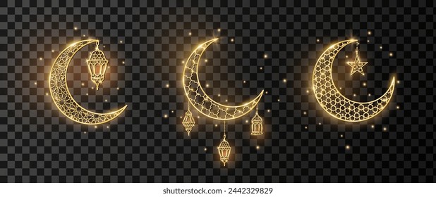 Decoración dorada y brillante para Ramadán o Al-Adha. Media luna con linternas y estrellas. Lámparas islámicas tradicionales. Símbolos de las fiestas musulmanas aislados. El fondo transparente se puede eliminar en el archivo vectorial.