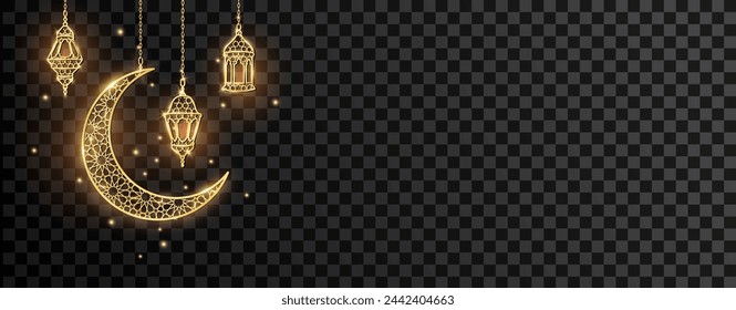 Golden shiny decoration for Ramadan or Al-Adha. Crescent with lanterns. Traditional islamic lamps. Muslim holidays symbols isolated. Transparent background can be removed in vector file.