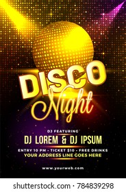 Golden shiny Disco Ball on shiny background, Disco Night Flyer, Poster or Party Template.