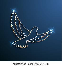 Golden shiny dove silhouette with sparkles on blue background - eps10 vector illustration