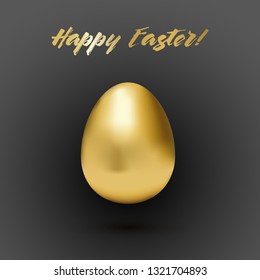 Golden shiny easter egg on a black gradient background with golden happy easter greeting