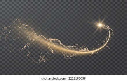 Golden shiny energy arc line effect with magic dust particles effect flying around. Light in motion drawing Vector eps background.