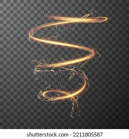 Golden shiny energy spiral line effect with magic dust particles effect flying around. Light in motion drawing Vector eps background.