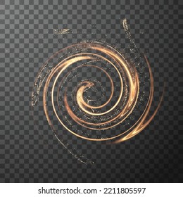 Golden shiny energy spiral line effect with magic dust particles effect flying around. Light in motion drawing Vector eps background.