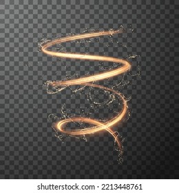 Golden shiny energy spiral line effect with magic dust particles effect flying around. Light in motion drawing Vector eps background.