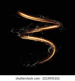 Golden shiny energy spiral line effect with magic dust particles effect flying around. Light in motion drawing Vector eps background.