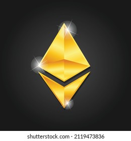 Golden shiny Ethereum icon badge symbol vector image. Golden digital cryptocurrency coin. Electronics finance money symbol.