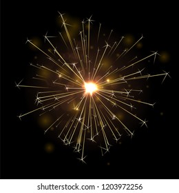 Golden shiny firework or sparkler on black background. Festive decoration. Vector card.