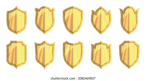 Golden shiny flat shield icon set. Vector protection security guarantee sign. Military armor heraldic symbol. Retro elegant award badge shape. Medieval metal weapons. Royal privacy emblem on white