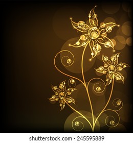 Golden and shiny floral design on brown background. 