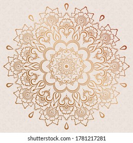 Golden shiny floral mandala on light peach background. Thin elegant lines. Oriental circle pattern. Vector illustration.