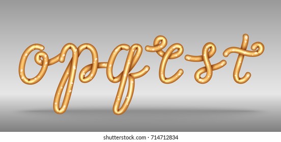 Golden shiny font sample with English letters o p q r s t row in alphabet order that floats in air isolated cartoon vector illustration on grey background.
