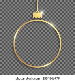 Golden shiny frame in shape of christmas ball with shadows and highlights isolated on a transparent background.