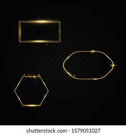 Golden shiny frames with dust isolated on a transparent background.  Golden frame with lights effects.  Isolated on black transparent background. Vector illustration, eps 10