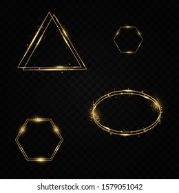 Golden shiny frames with dust isolated on a transparent background.  Golden frame with lights effects.  Isolated on black transparent background. Vector illustration, eps 10