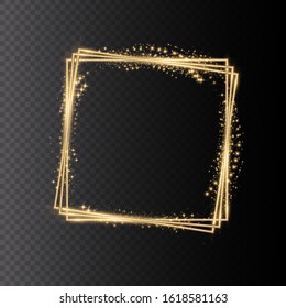 Golden shiny frames with dust isolated on a transparent background. Luxurious realistic borders. Golden gradient frames with light. illustration of a gold rim. 
