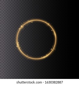 Golden shiny frames with dust isolated on a transparent background. Golden gradient frames with light. Vector illustration of a gold rim.  Luxurious realistic borders. 