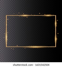 Golden shiny frames with dust isolated on a transparent background. Golden gradient frames with light. Vector illustration of a gold rim.  Luxurious realistic borders. 