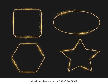 Golden shiny frames with dust isolated on a transparent background. Vector illustration of a gold rim.  Luxurious realistic borders. Golden gradient frames with light.