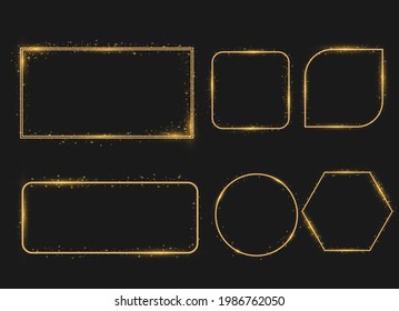 Goldene glänzende Rahmen mit Staub einzeln auf transparentem Hintergrund. Vektorgrafik einer goldenen Felge.  Luxuriöse, realistische Grenzen. Goldener Farbverlauf-Rahmen mit Licht.