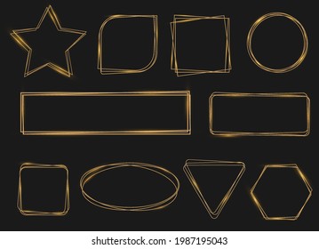 Golden shiny frames with dust isolated on a transparent background. Vector illustration of a gold rim.  Luxurious realistic borders. Golden gradient frames with light.