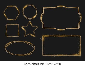Golden shiny frames with dust isolated on a transparent background. Vector illustration of a gold rim.  Luxurious realistic borders. Golden gradient frames with light.