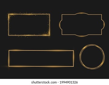 Golden shiny frames with dust isolated on a transparent background. Vector illustration of a gold rim.  Luxurious realistic borders. Golden gradient frames with light.