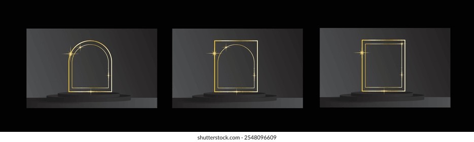 Golden Shiny Frames on Black Podium for Product Presentation. Mock up, demonstration and graphic design templates vector art
