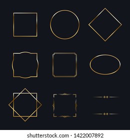 Golden shiny frames with shadows isolated on black background. Vector golden luxury realistic border set