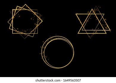 Golden shiny frames with shadows isolated on a transparent background. A set of luxurious realistic square, round, triangular borders. Vector illustration